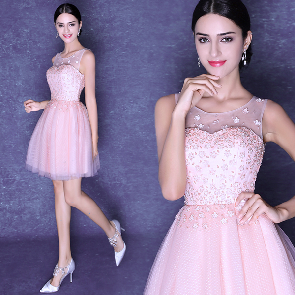 Pink Prom Dress, Kneelength Prom Dress, Open Back Prom Dress, Off